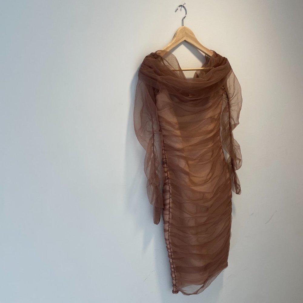 Fashion Nova Ruched And Ready Bandage Midi Dress - Taupe Size S - Picture 7 of 12